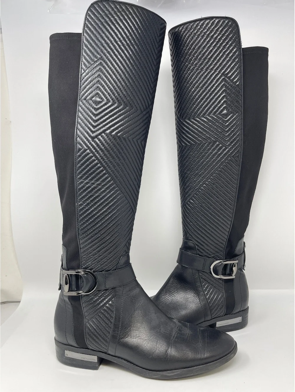 Black Leather Over The Knee Boots 9 Quilted Front Buckle Stretch Back Low Heel